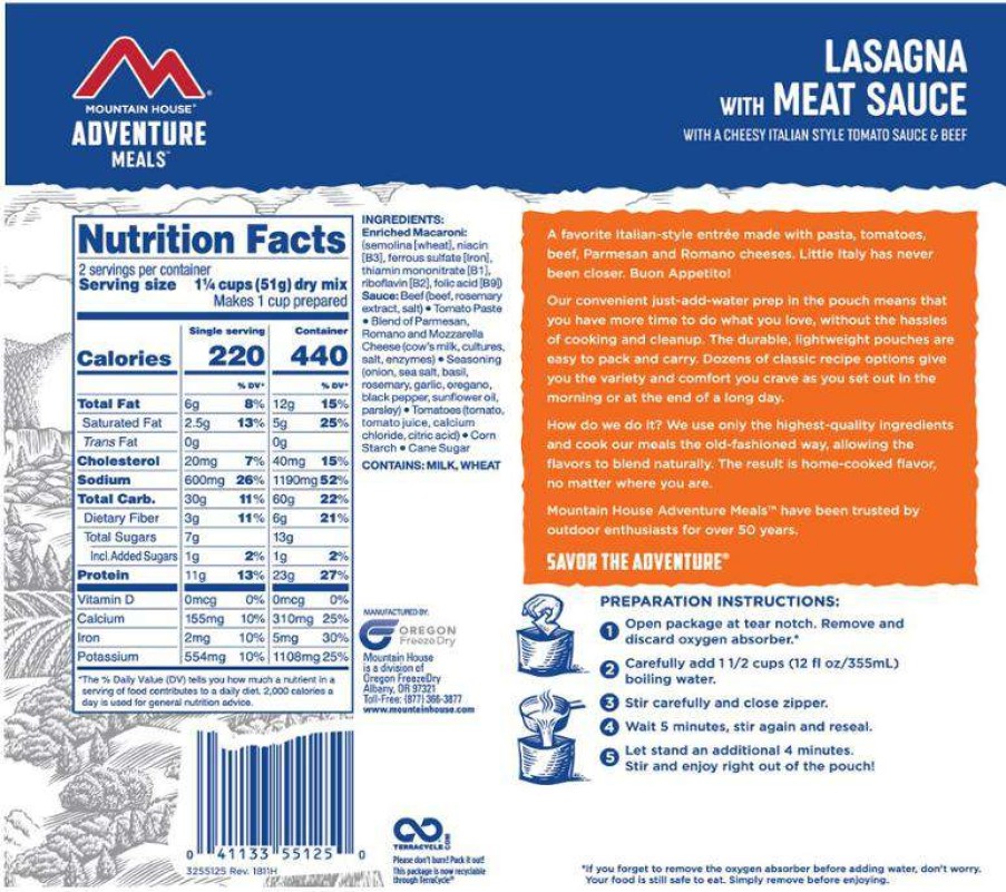 Camp Kitchen * | Outlet Mountain House Lasagna With Meat Sauce 2 Servings